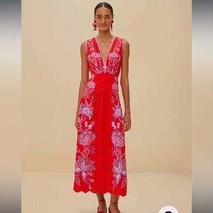 Farm Rio Red Porcelain Garden Euroflax Premium Linen Midi Dress